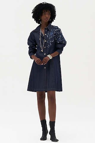 Indigo Denim Embroidered Shirt Dress by Payal Jain