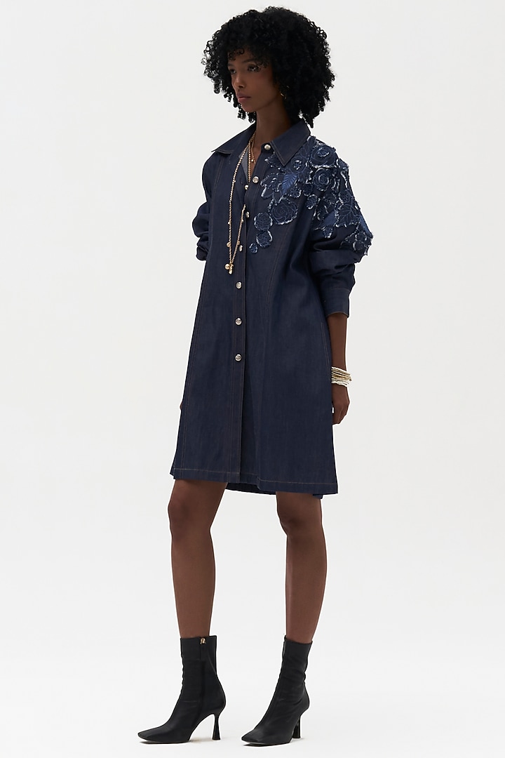 Indigo Denim Embroidered Vacation Shirt Dress by Payal Jain at Pernia's Pop Up Shop