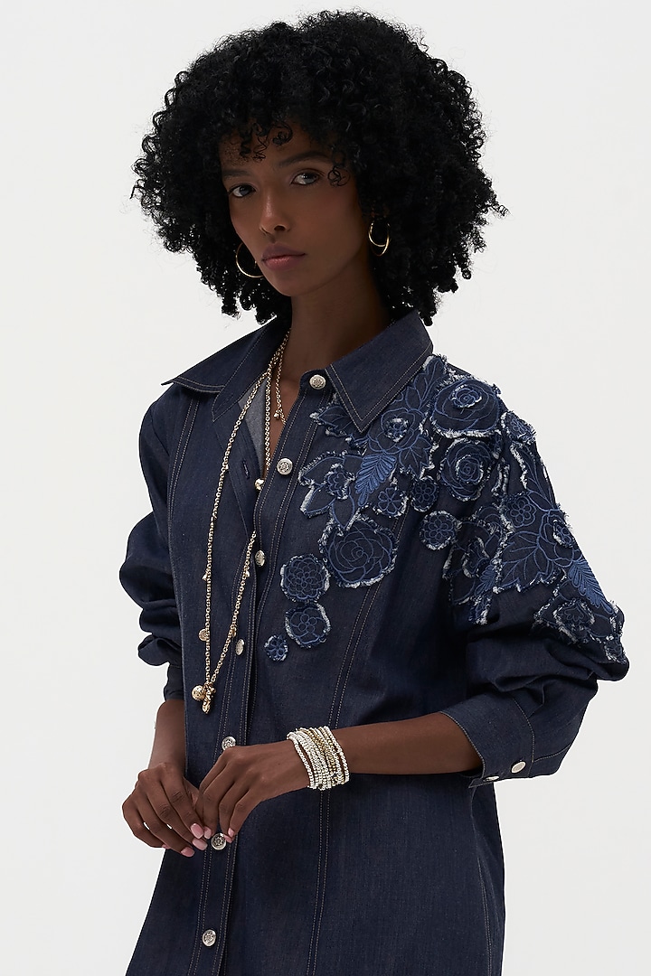Indigo Denim Embroidered Vacation Shirt Dress by Payal Jain at Pernia's Pop Up Shop