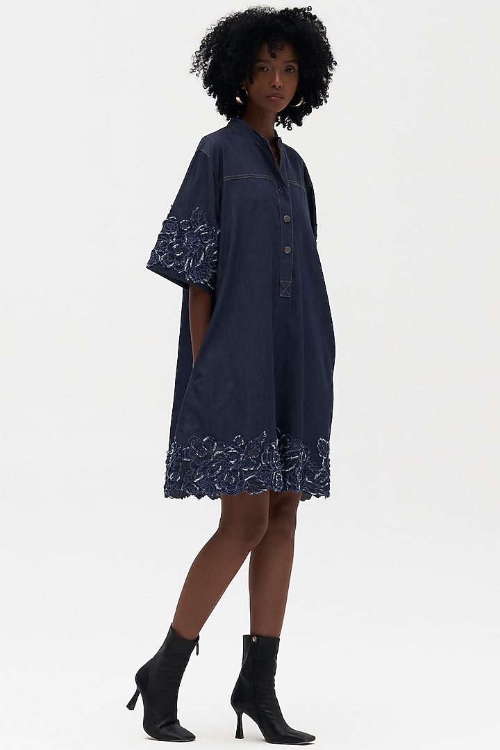 Indigo Denim Embroidered Tunic Vacation Dress by Payal Jain at Pernia's Pop Up Shop