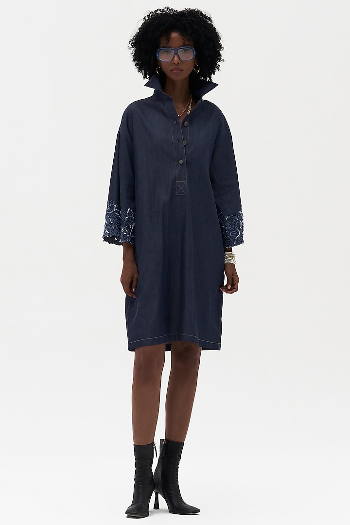 Indigo Denim Embroidered Vacation Shirt Dress by Payal Jain at Pernia's Pop Up Shop