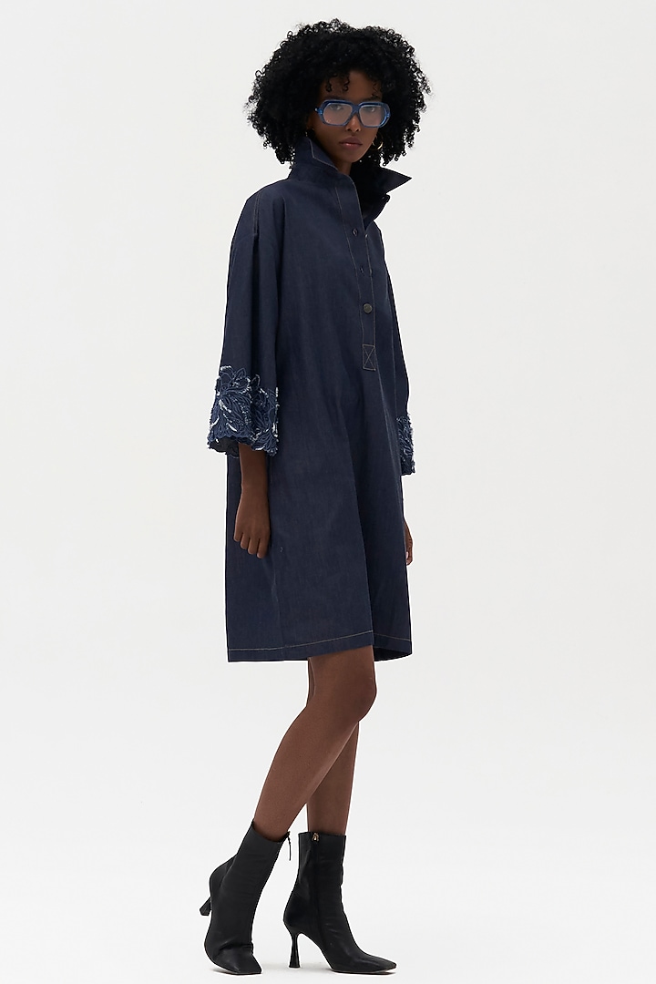 Indigo Denim Embroidered Vacation Shirt Dress by Payal Jain at Pernia's Pop Up Shop