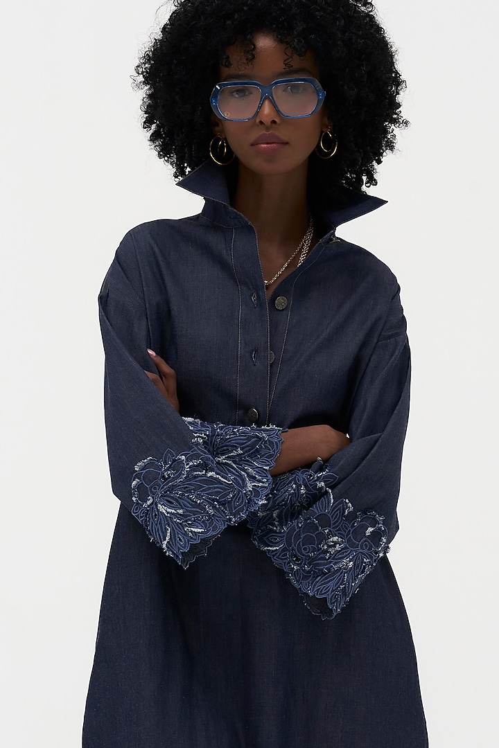 Indigo Denim Embroidered Vacation Shirt Dress by Payal Jain at Pernia's Pop Up Shop