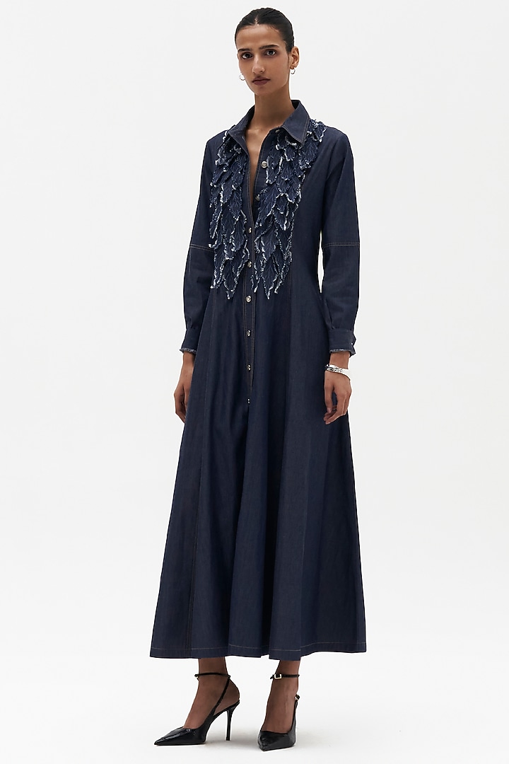 Indigo Denim Embroidered Vacation Shirt Dress by Payal Jain at Pernia's Pop Up Shop