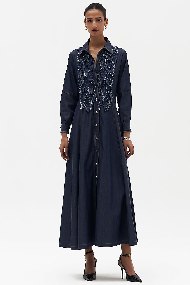 Indigo Denim Embroidered Vacation Shirt Dress by Payal Jain at Pernia's Pop Up Shop