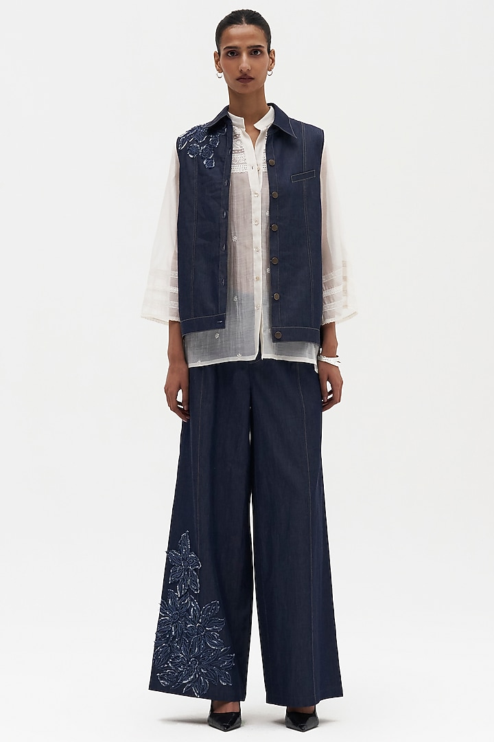 Indigo Denim Embroidered Vest by Payal Jain at Pernia's Pop Up Shop