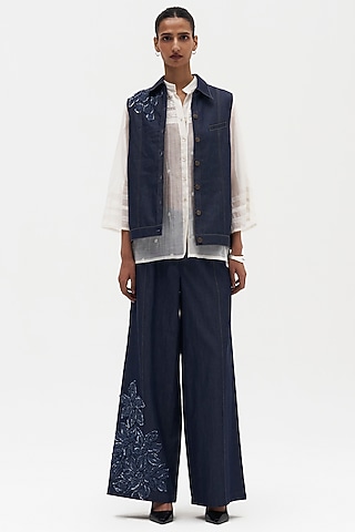 Indigo Denim Embroidered Vest by Payal Jain