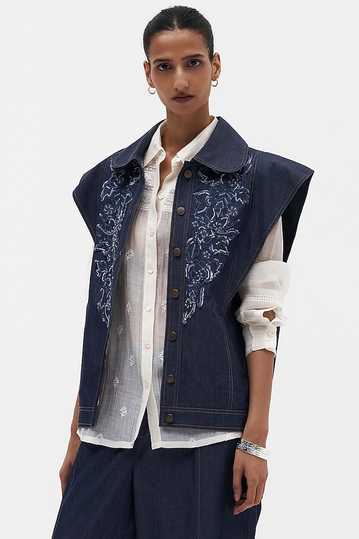 Indigo Denim Embroidered Vest by Payal Jain at Pernia's Pop Up Shop