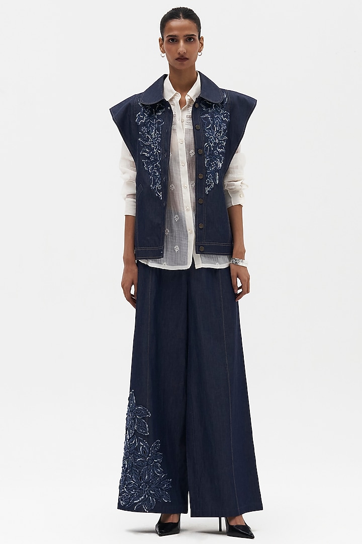 Indigo Denim Embroidered Vest by Payal Jain at Pernia's Pop Up Shop