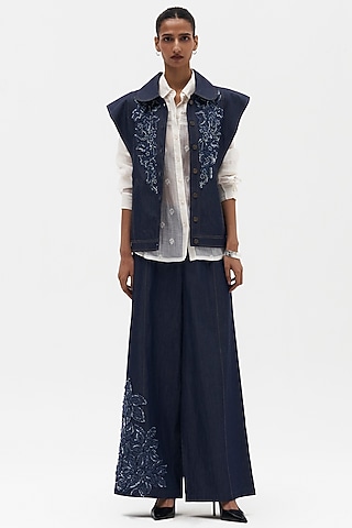 Indigo Denim Embroidered Vest by Payal Jain
