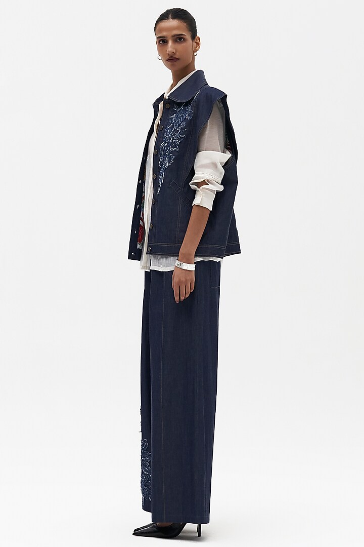 Indigo Denim Embroidered Vest by Payal Jain at Pernia's Pop Up Shop