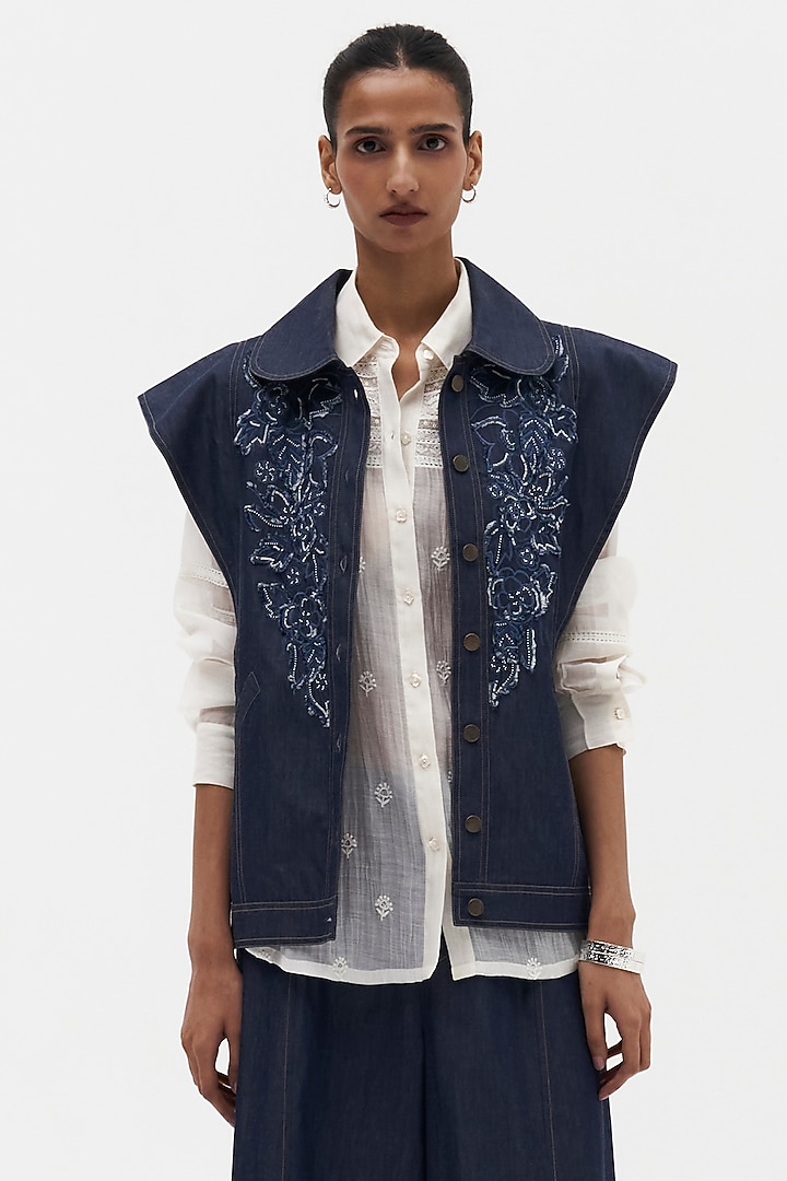 Indigo Denim Embroidered Vest by Payal Jain at Pernia's Pop Up Shop