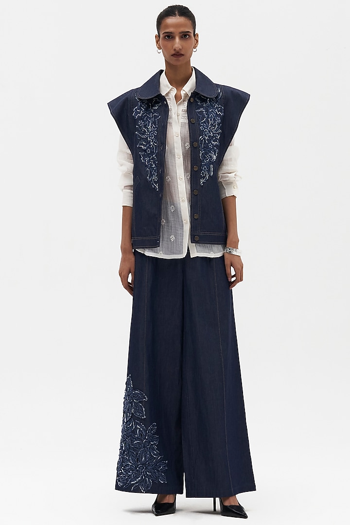 Indigo Denim Embroidered Wide-Legged Pants by Payal Jain at Pernia's Pop Up Shop