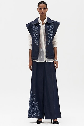 Indigo Denim Embroidered Wide-Legged Pants by Payal Jain