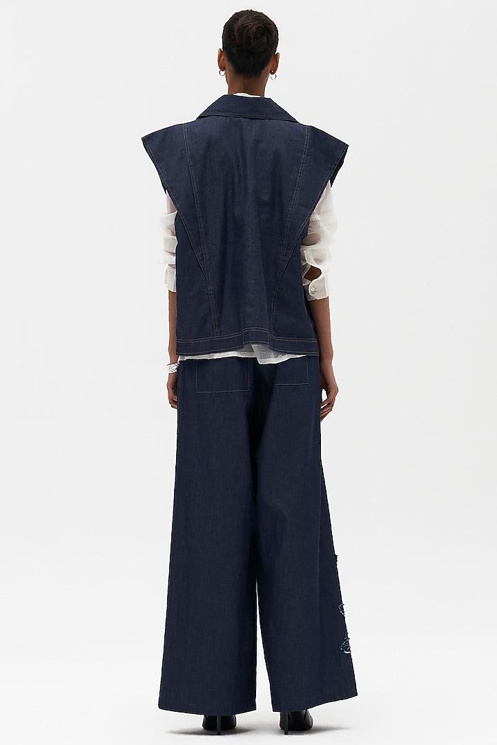 Indigo Denim Embroidered Wide-Legged Pants by Payal Jain at Pernia's Pop Up Shop