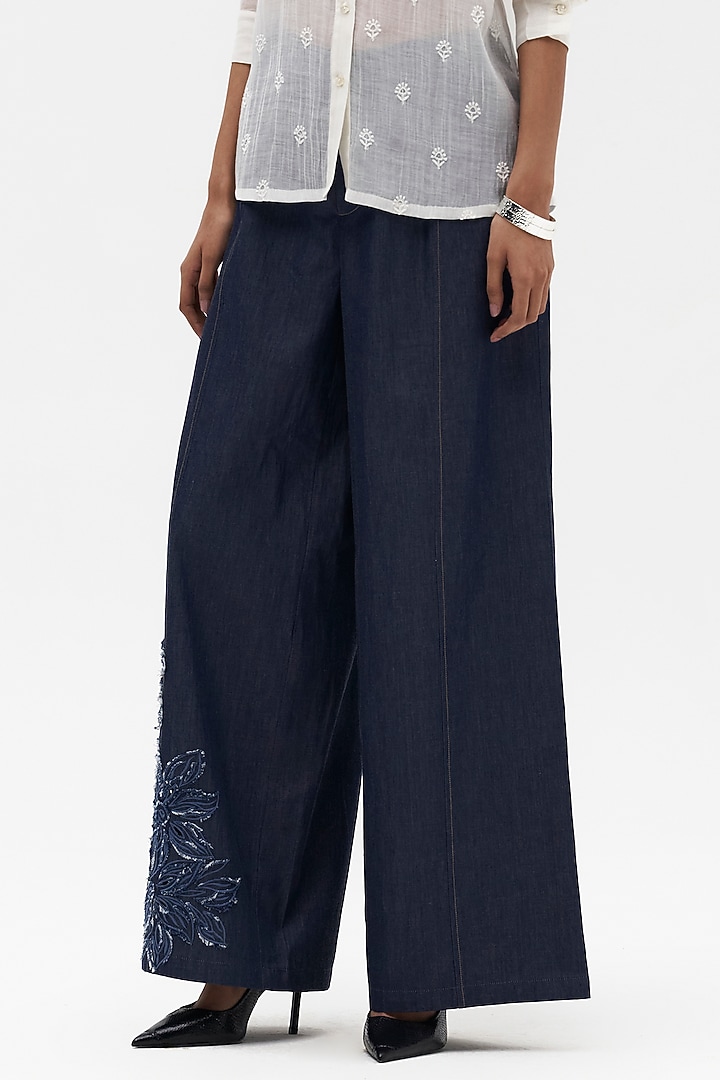 Indigo Denim Embroidered Wide-Legged Pants by Payal Jain at Pernia's Pop Up Shop