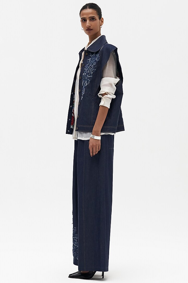 Indigo Denim Embroidered Wide-Legged Pants by Payal Jain at Pernia's Pop Up Shop