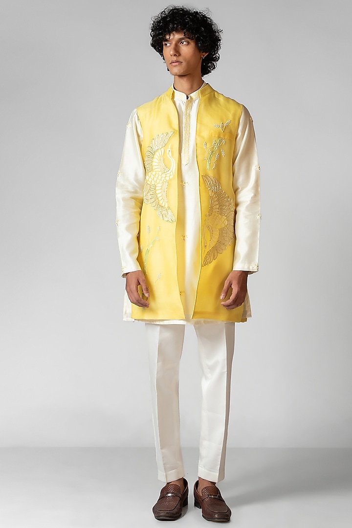 Paris Daisy Yellow Organza Applique Embroidered Nehru Jacket Set by PAARSH at Pernia's Pop Up Shop