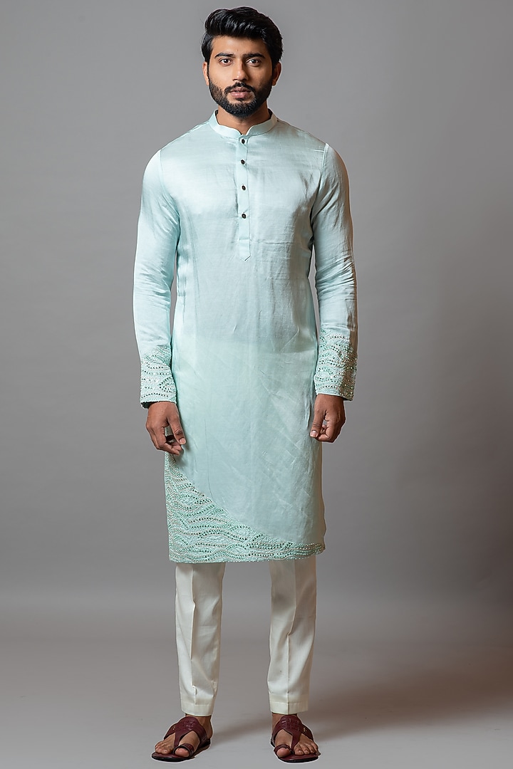 Ice Blue Linen Satin Kurta Set by PAARSH at Pernia's Pop Up Shop