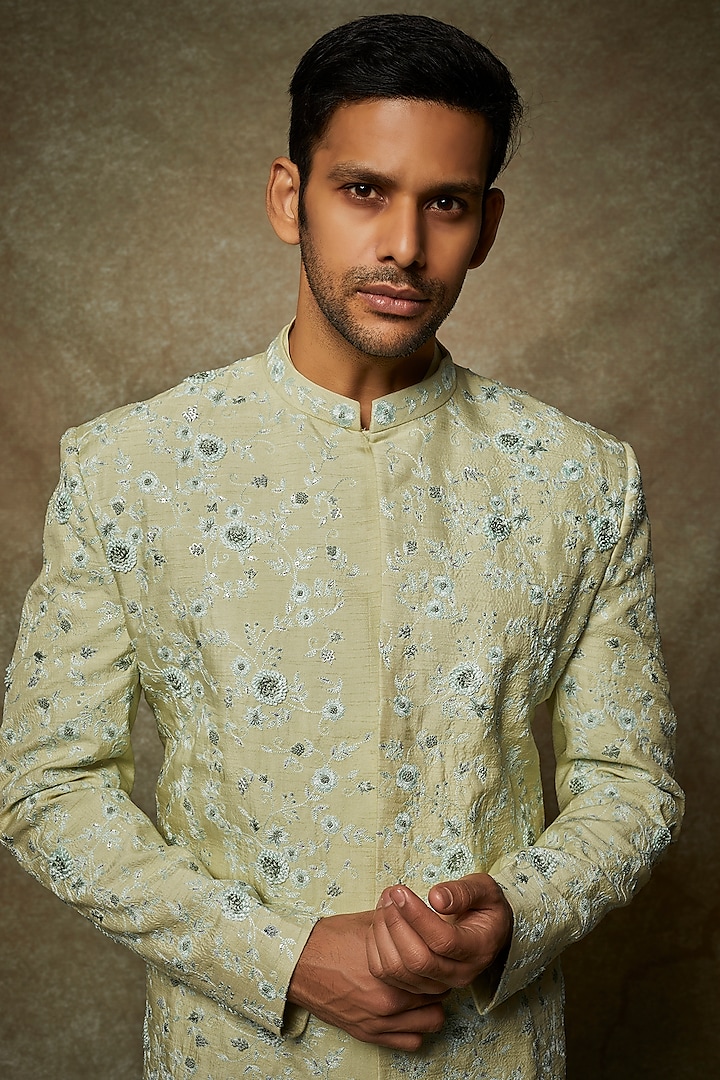 Mint Green Linen Satin Thread Embroidered Wedding Sherwani Set by PAARSH at Pernia's Pop Up Shop
