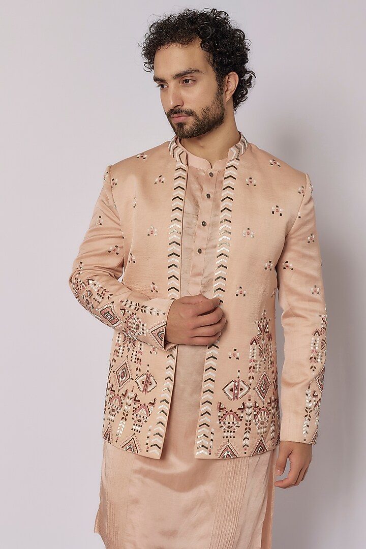 Peach Linen Satin Motif Embroidered Nehru Jacket Set by PAARSH at Pernia's Pop Up Shop