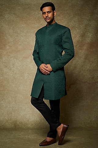 Bottle Green Linen Satin Sherwani Set by PAARSH