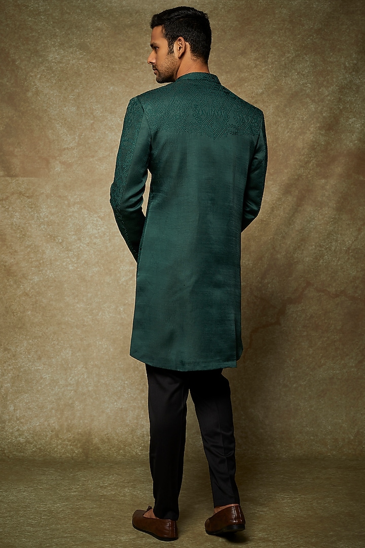 Bottle Green Linen Satin Wedding Sherwani Set by PAARSH at Pernia's Pop Up Shop