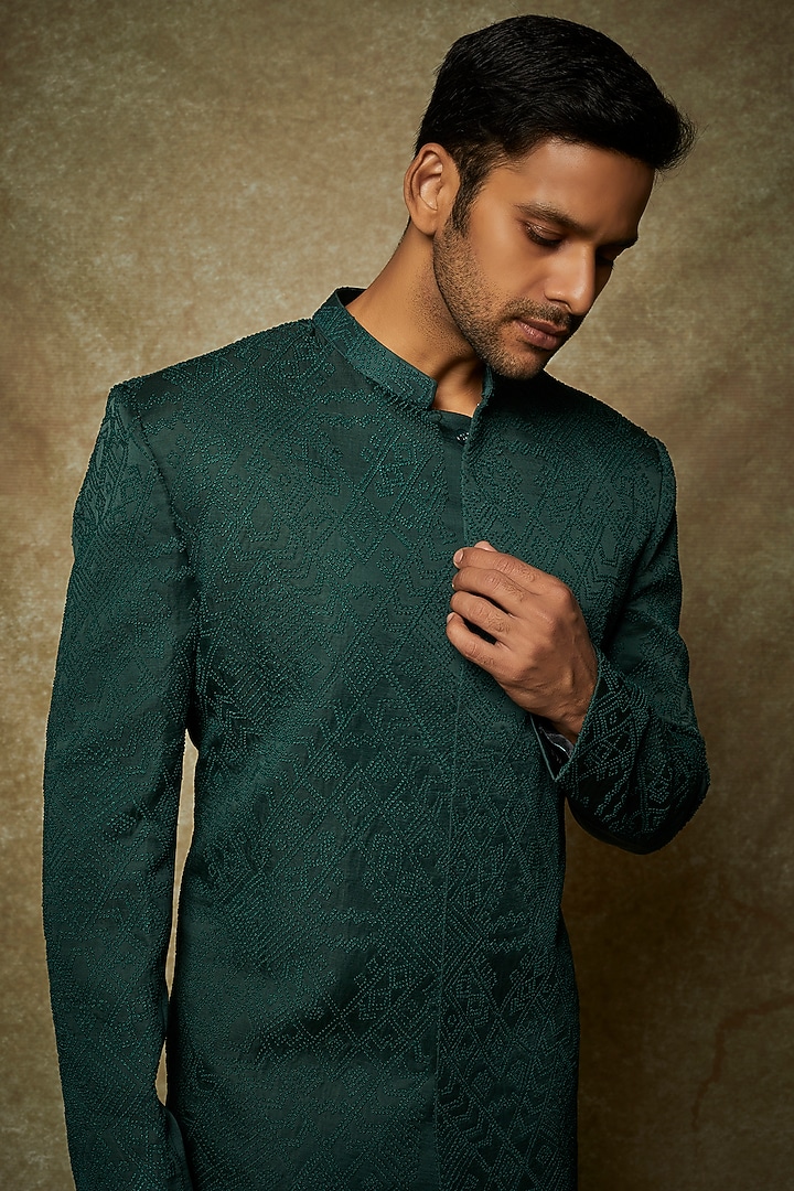 Bottle Green Linen Satin Wedding Sherwani Set by PAARSH at Pernia's Pop Up Shop