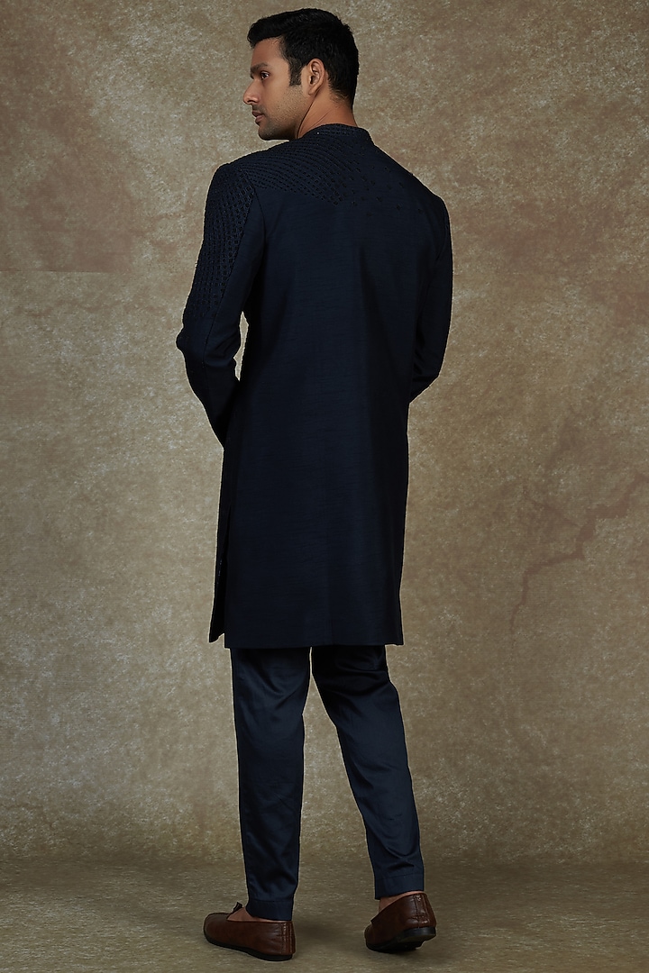 Navy Blue Bam Silk Wedding Sherwani Set by PAARSH at Pernia's Pop Up Shop