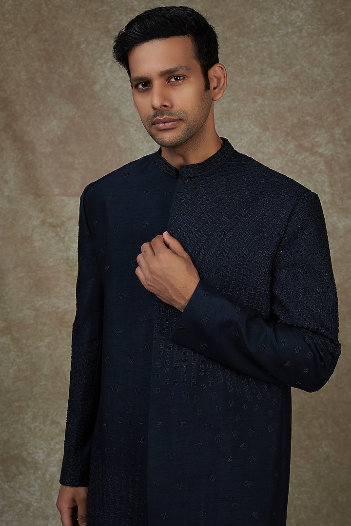 Navy Blue Bam Silk Wedding Sherwani Set by PAARSH at Pernia's Pop Up Shop