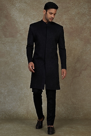 Black Linen Satin Sherwani Set by PAARSH