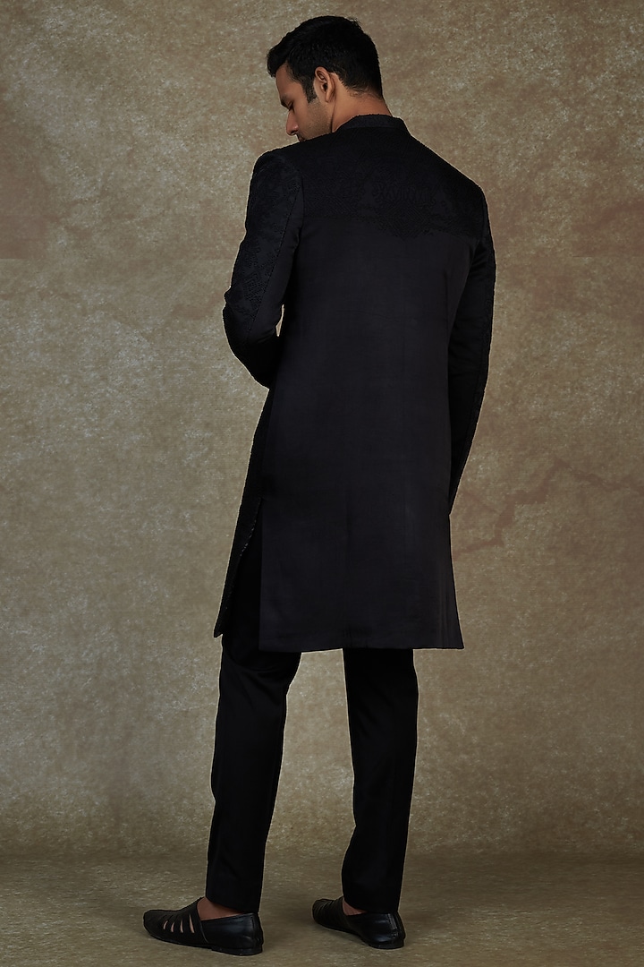 Black Linen Satin Wedding Sherwani Set by PAARSH at Pernia's Pop Up Shop
