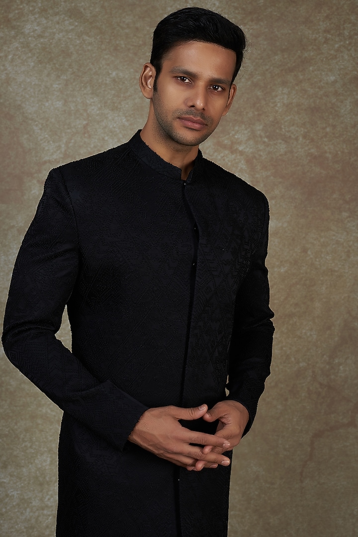 Black Linen Satin Wedding Sherwani Set by PAARSH at Pernia's Pop Up Shop