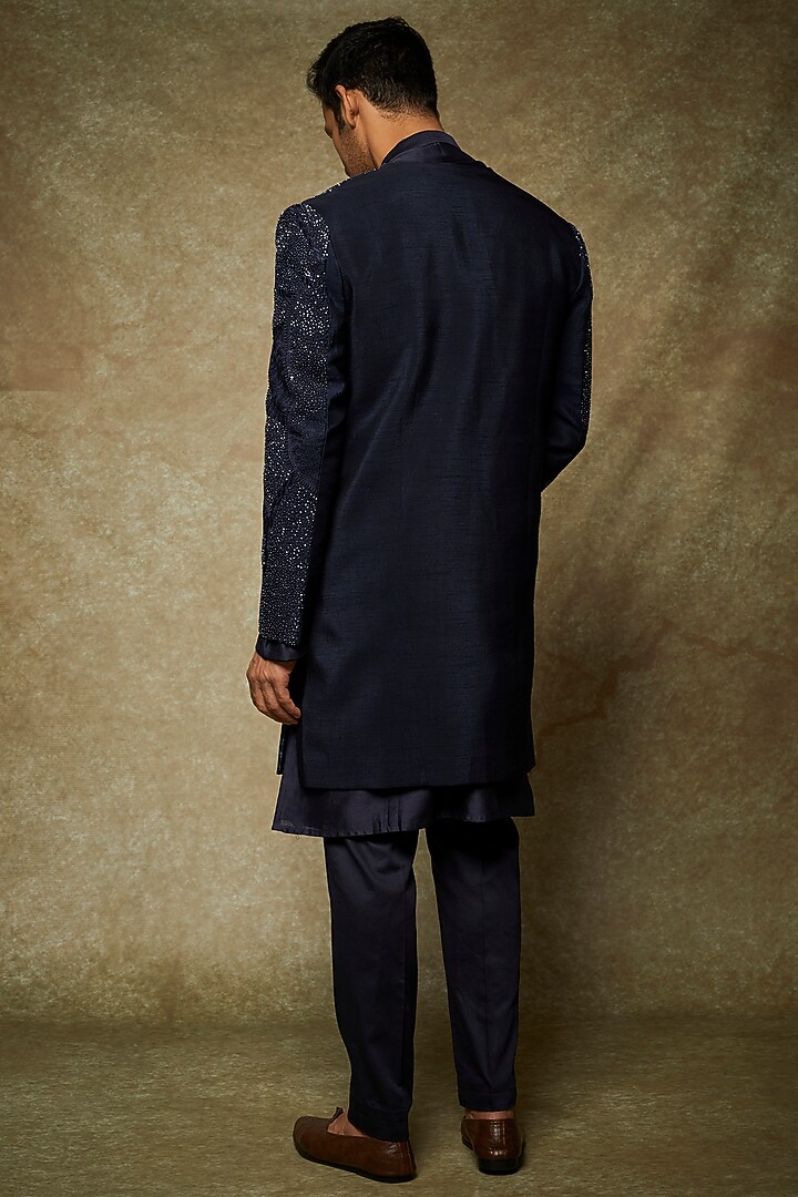 Midnight Blue Bam Silk Wedding Indowestern Set by PAARSH at Pernia's Pop Up Shop