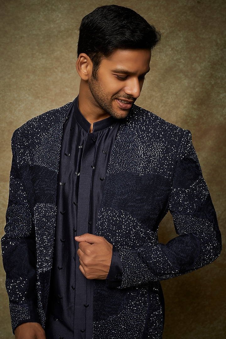 Midnight Blue Bam Silk Wedding Indowestern Set by PAARSH at Pernia's Pop Up Shop