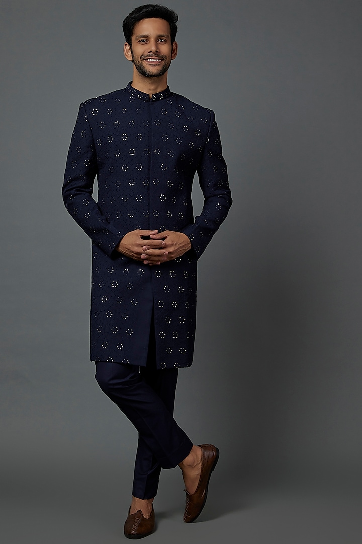 Navy Blue Embroidered Sherwani Set by PAARSH