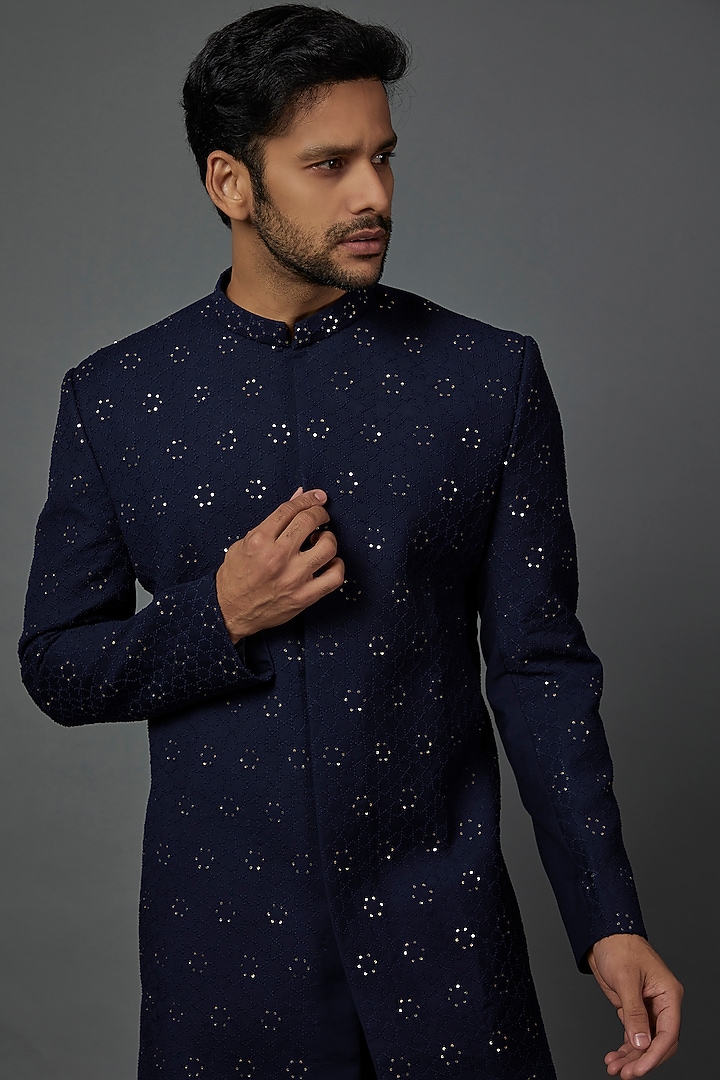 Navy blue aztec embroidered sherwani set