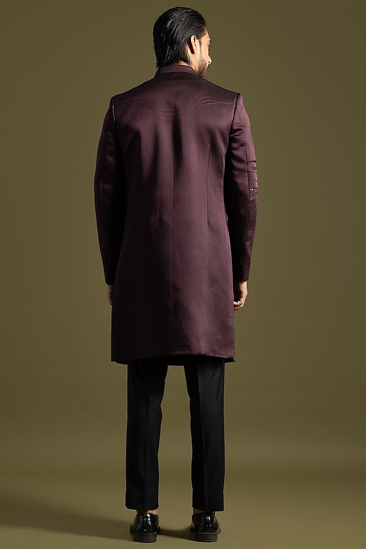 Wine Linen Satin Thread & Cutdana Embroidered Achkan Set by PAARSH at Pernia's Pop Up Shop