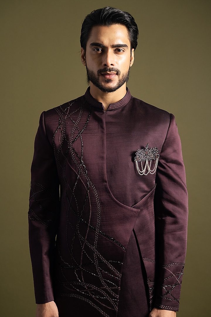 Wine Linen Satin Thread & Cutdana Embroidered Achkan Set by PAARSH at Pernia's Pop Up Shop