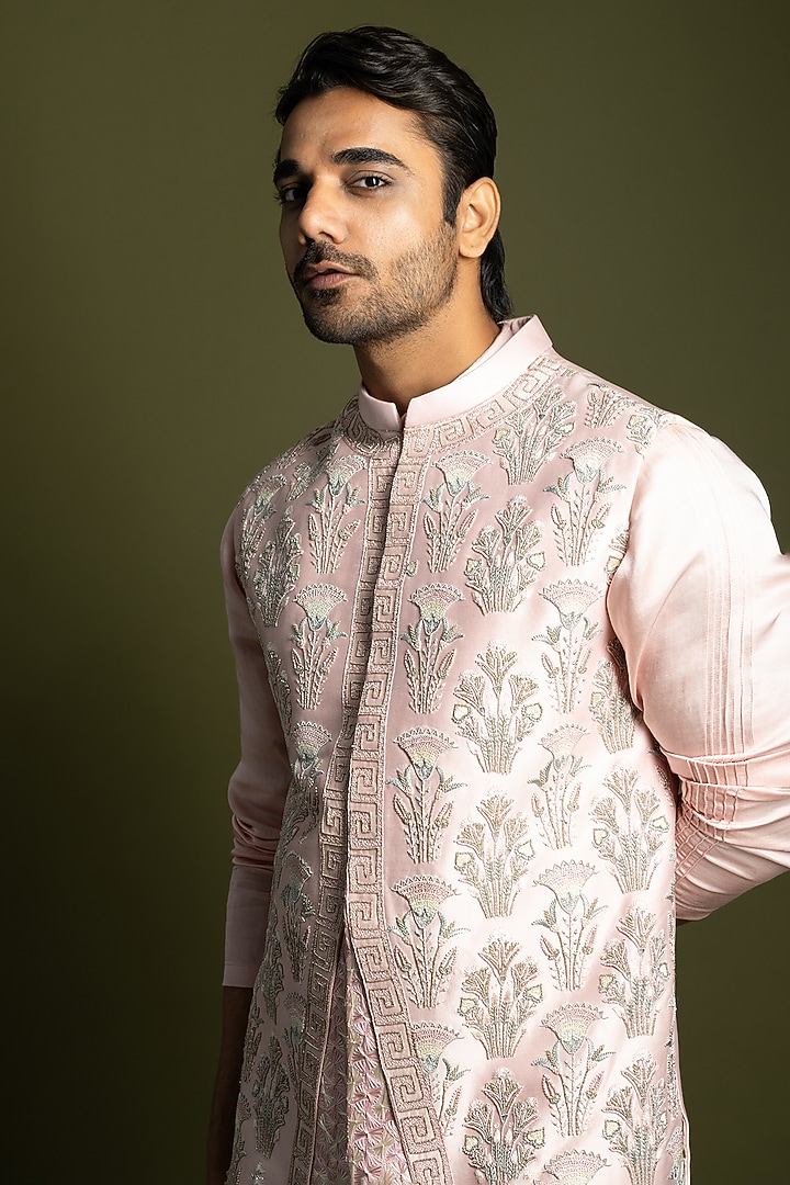 Sweet Pink Chanderi Motifs Nehru Jacket by PAARSH at Pernia's Pop Up Shop