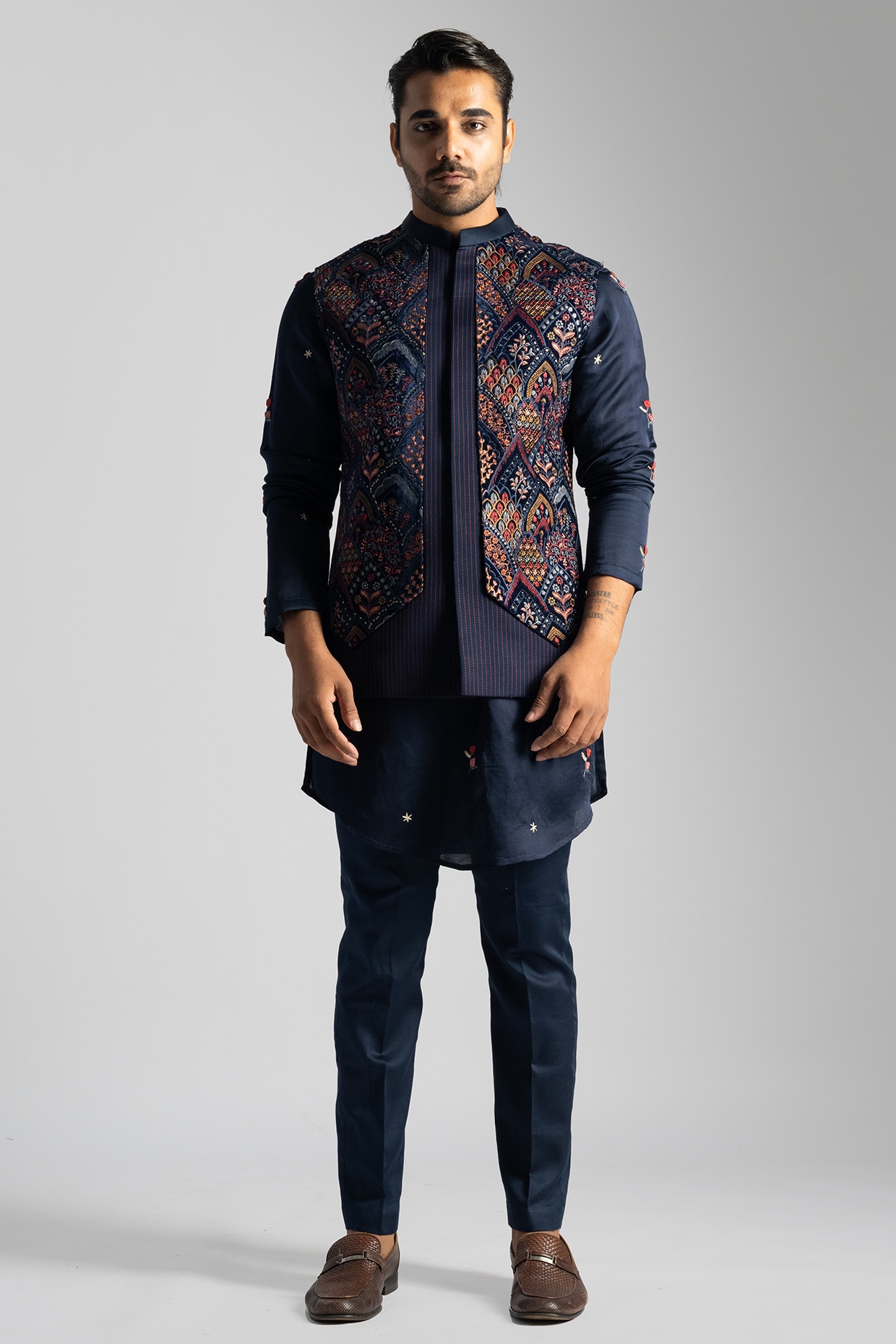 Navy Blue Velvet Embroidered Nehru Jacket Design by PAARSH at