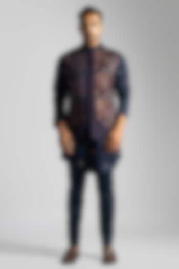 Navy Blue Velvet Embroidered Nehru Jacket by PAARSH at Pernia's Pop Up Shop