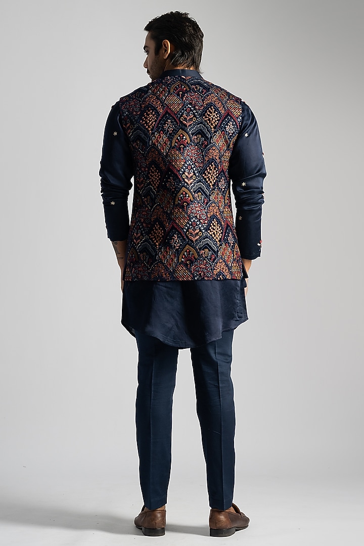 Navy Blue Velvet Embroidered Nehru Jacket by PAARSH at Pernia's Pop Up Shop