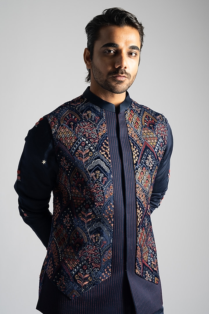 Navy Blue Velvet Embroidered Nehru Jacket by PAARSH at Pernia's Pop Up Shop