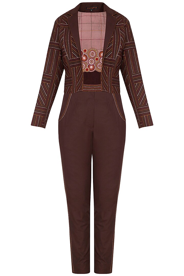 Dark Brown Embroidered Cropped Jacket With Pants & Crop Top by Priya Agarwal