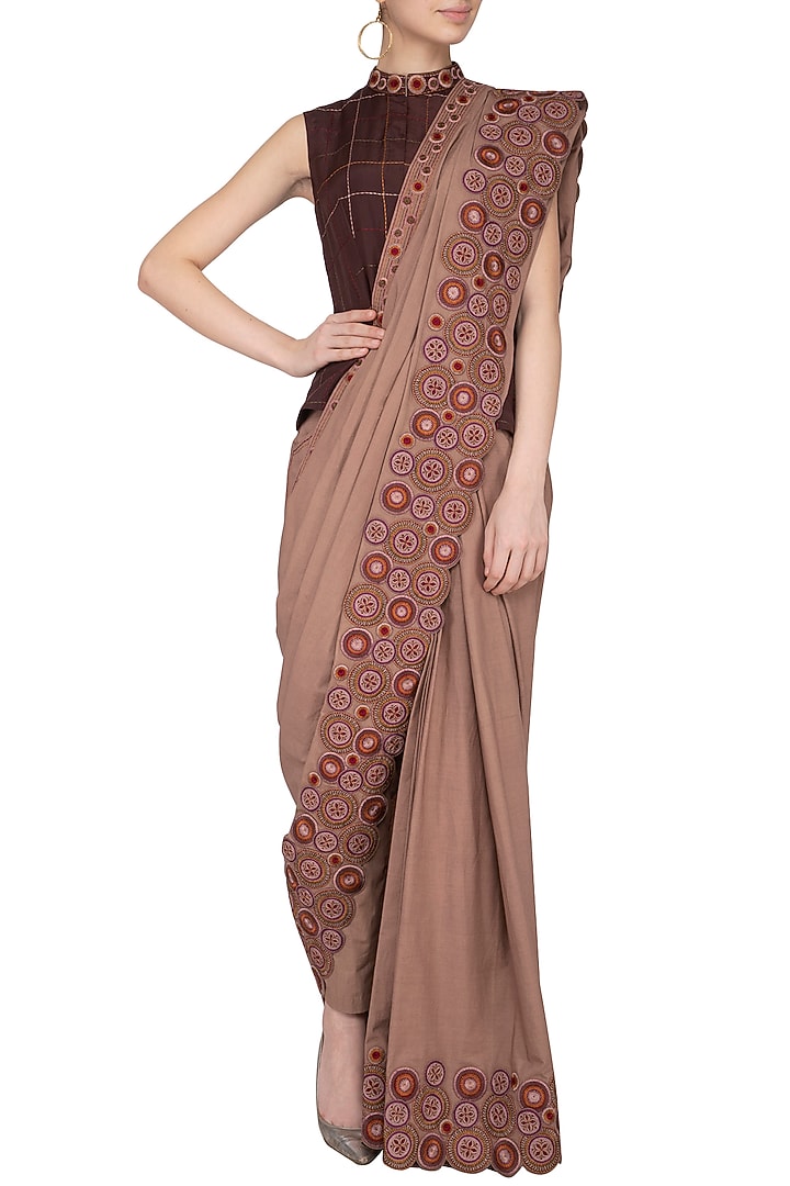 Light Brown Embroidered Pant Wedding Saree With Jacket by Priya Agarwal at Pernia's Pop Up Shop