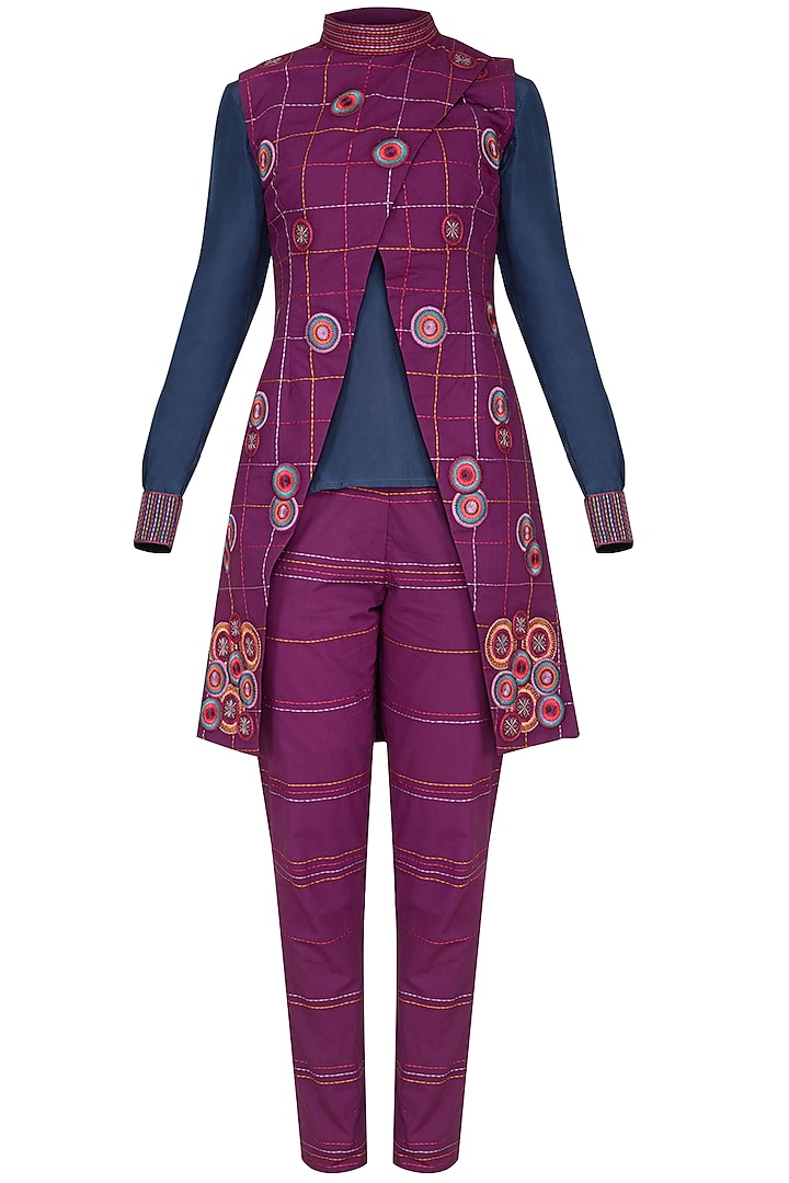 Magenta Embroidered Jacket With Pants & Blouse by Priya Agarwal