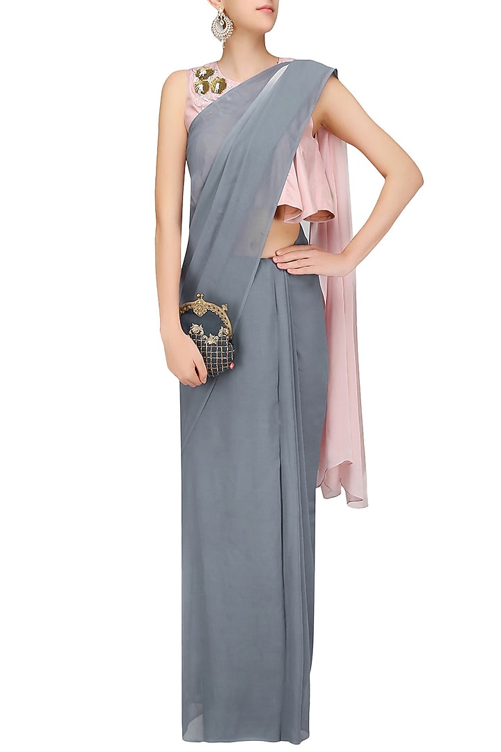 Peach floral embroidered crop top and ombre drape saree set available only at Pernia's Pop Up Shop.