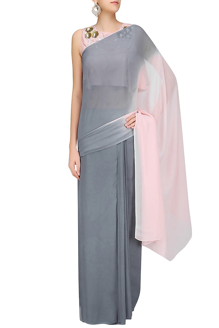 Peach floral embroidered crop top and ombre drape saree set available only at Pernia's Pop Up Shop.