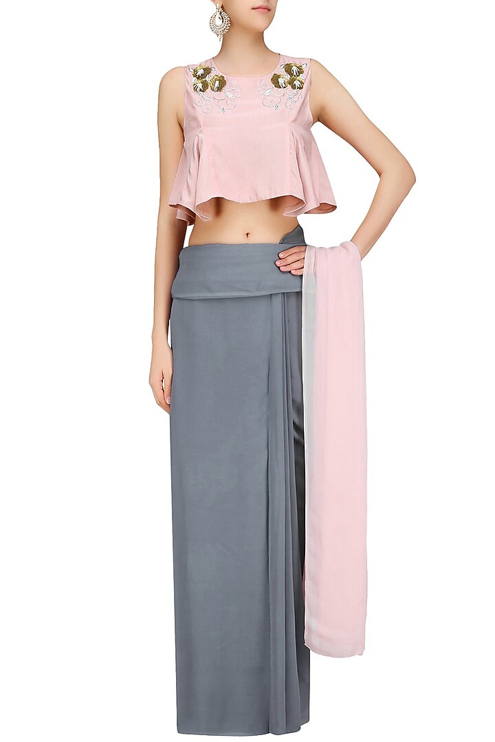 Peach floral embroidered crop top and ombre drape saree set available only at Pernia's Pop Up Shop.